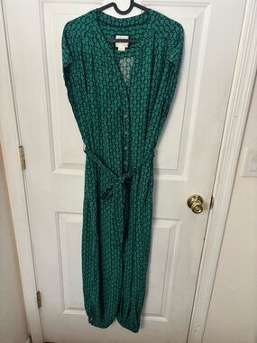 Maeve by anthropology Teal Green Printed short -Sleeve Jumpsuit with Waist Tie